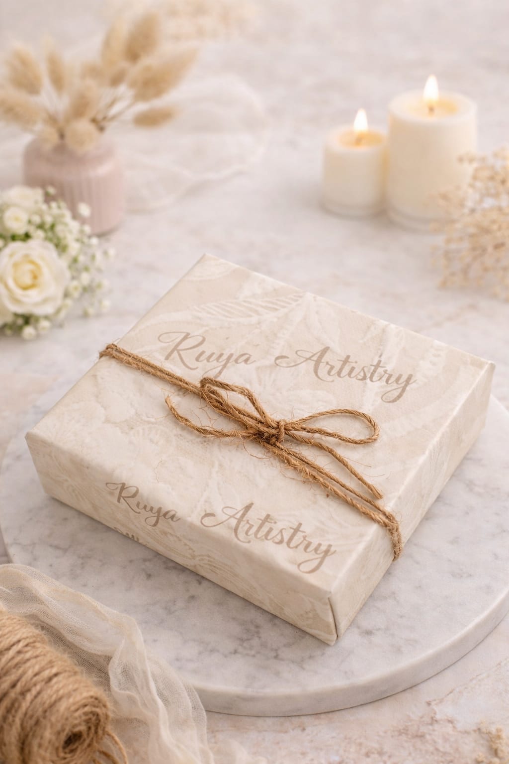 A signature Ru'yā Artistry gift box &mdash; ivory packaging tied with jute, flanked by candles and dried florals