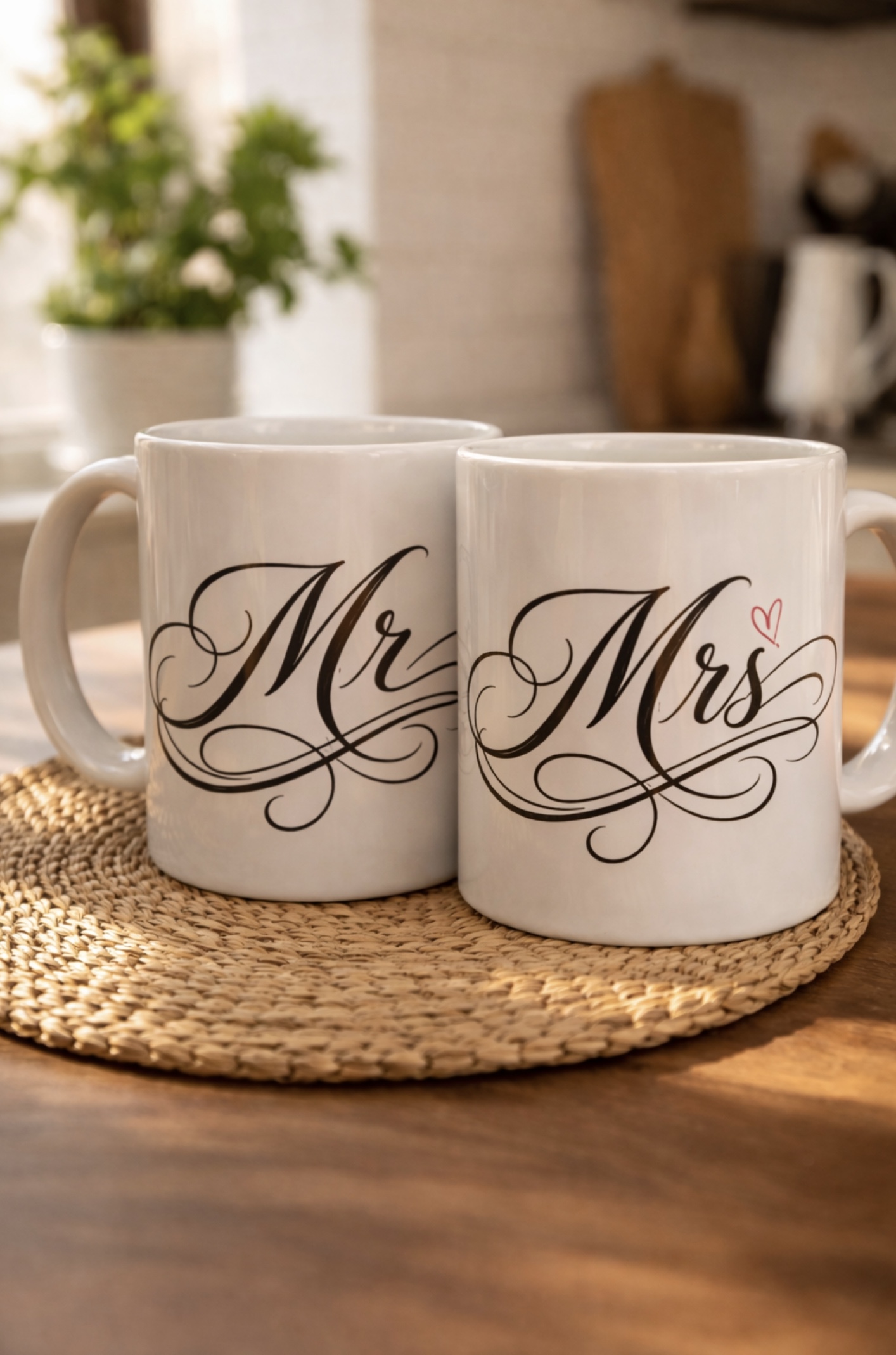Mr & Mrs calligraphy mugs &mdash; a custom wedding pair by Ru'yā Artistry