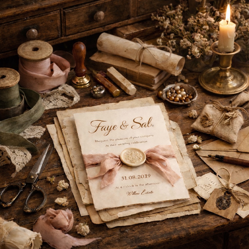 A calligrapher's desk mid-work &mdash; hand-finished wedding invitation with silk ribbon and a gold wax seal, surrounded by spools of silk, lace, an antique stamp, dried florals, and envelopes